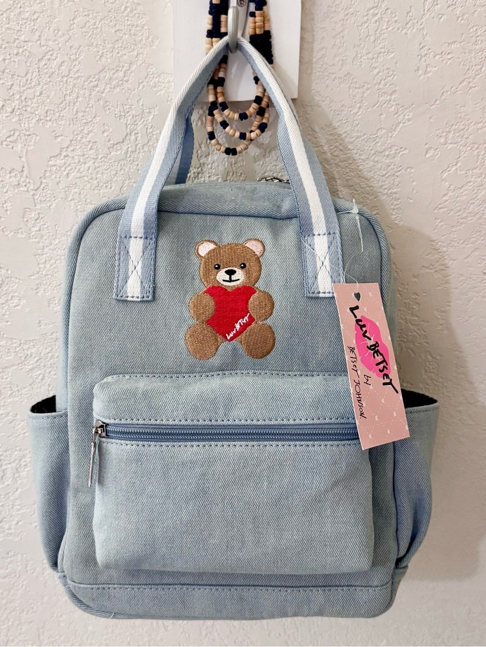 Betsey Johnson light denim backpack embroidered teddy bear, 51% soft cotton